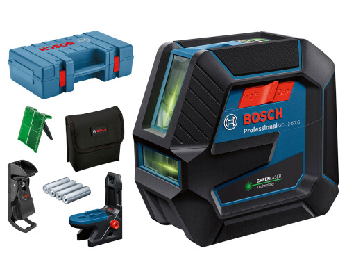 Stavební křížový zelený laser Bosch GLL 2-50 G + držáky RM10 a DK10, kufr Bosch profi0601066M02