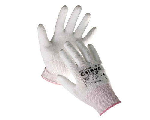 Pletené bezešvé rukavice PU prsty a dlaň, bílé, vel. 9 0108000699090